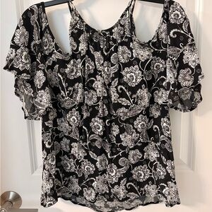 Iz Byer Black and White Floral Cold-Shoulder Blouse